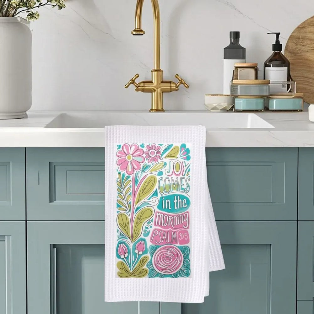 Rockledge Designs LLC Kitchen Decor Joy Comes Floral Christian Kitchen Hand Towel | Waffle Weave Microfiber Dish Towel Joy Comes Floral Christian Kitchen Hand Towel | Waffle Weave Microfiber Dish Towel