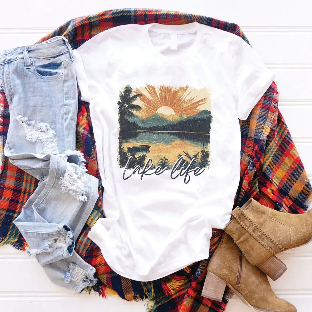 Rockledge Designs LLC Shirts & Tops Lake Life Sunset Graphic Tee – Vintage Lake Scene Shirt – SE117 Lake Life Sunset Graphic Tee – Vintage Lake Scene Shirt – SE117