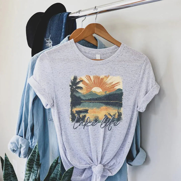 Rockledge Designs LLC Shirts & Tops Lake Life Sunset Graphic Tee – Vintage Lake Scene Shirt – SE117 Lake Life Sunset Graphic Tee – Vintage Lake Scene Shirt – SE117