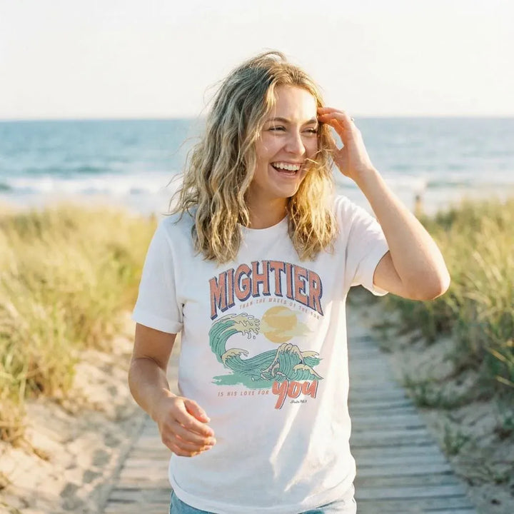 Rockledge Designs LLC Shirts & Tops Mightier Than the Waves Tee – Christian Retro Wave Graphic T-Shirt - SE106 Mightier Than the Waves Tee – Christian Retro Wave Graphic T-Shirt - SE106