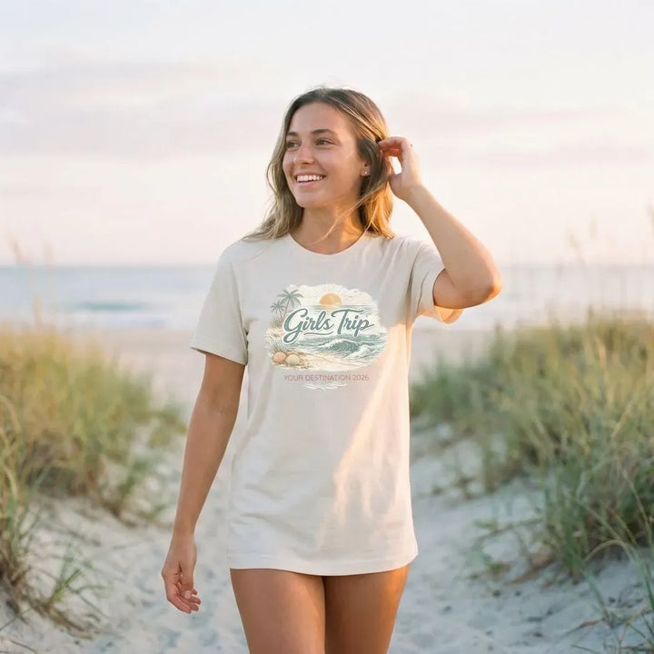 Rockledge Designs LLC Shirts & Tops Minimal Coastal Girls Trip Shirt: Neutral Beach Vacation Tee - CU203 Minimal Coastal Girls Trip Shirt: Neutral Beach Vacation Tee - CU203