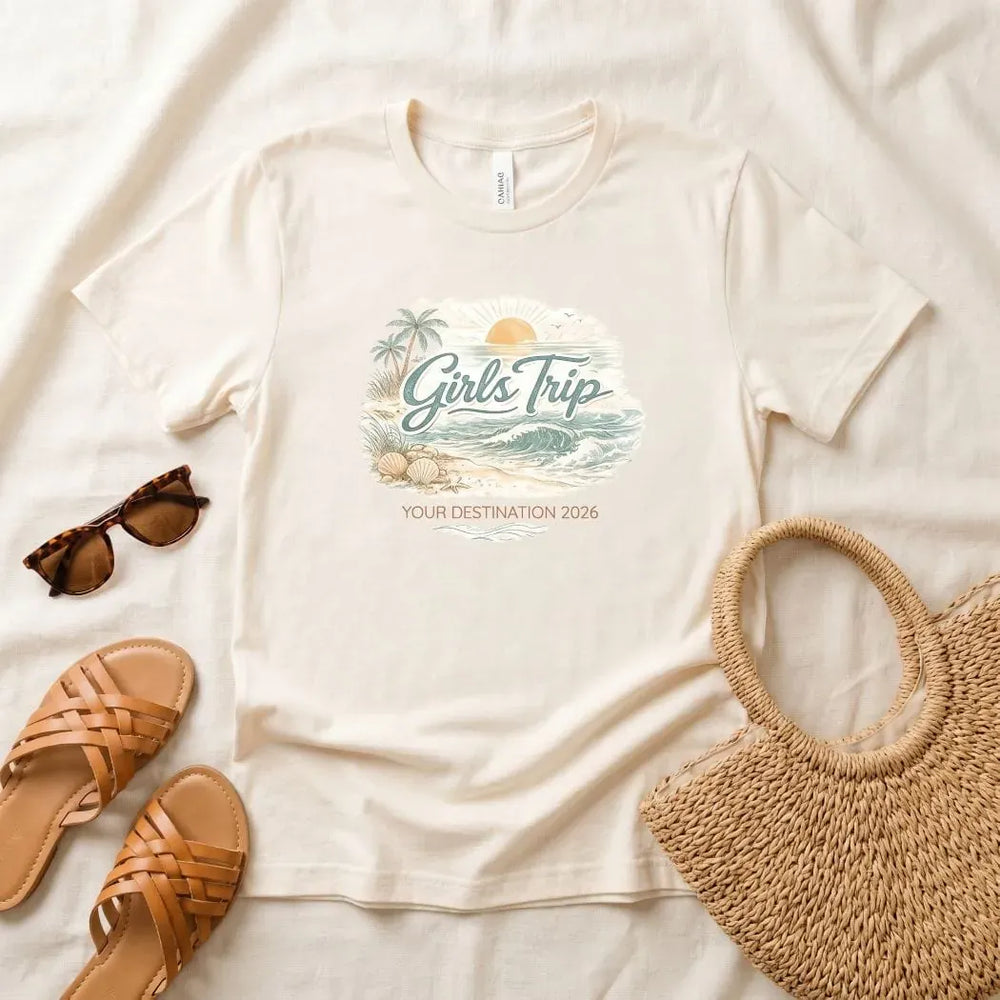 Rockledge Designs LLC Shirts & Tops Minimal Coastal Girls Trip Shirt: Neutral Beach Vacation Tee - CU203 Minimal Coastal Girls Trip Shirt: Neutral Beach Vacation Tee - CU203
