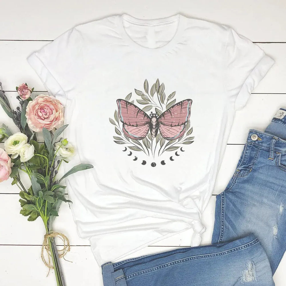 Rockledge Designs LLC Shirts & Tops Mystic Butterfly Graphic Tee – Boho Moon Phase Nature Shirt - SP119 Mystic Butterfly Graphic Tee – Boho Moon Phase Nature Shirt - SP119