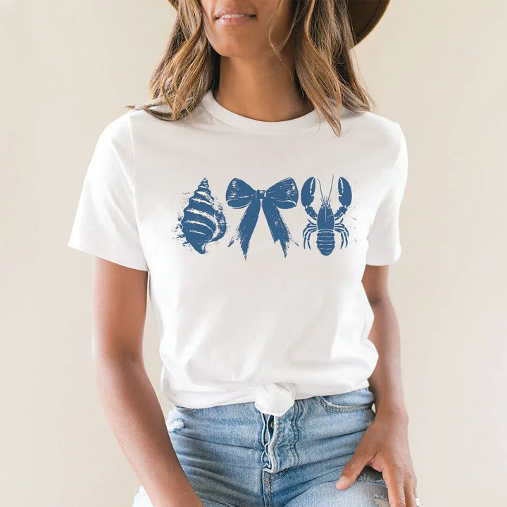 Rockledge Designs LLC Shirts & Tops Nautical Bow & Lobster Tee – Coastal Shell Graphic Shirt – Minimalist Beach T-Shirt - SE125 Nautical Bow & Lobster Tee – Coastal Shell Graphic Shirt – Minimalist Beach T-Shirt - SE125