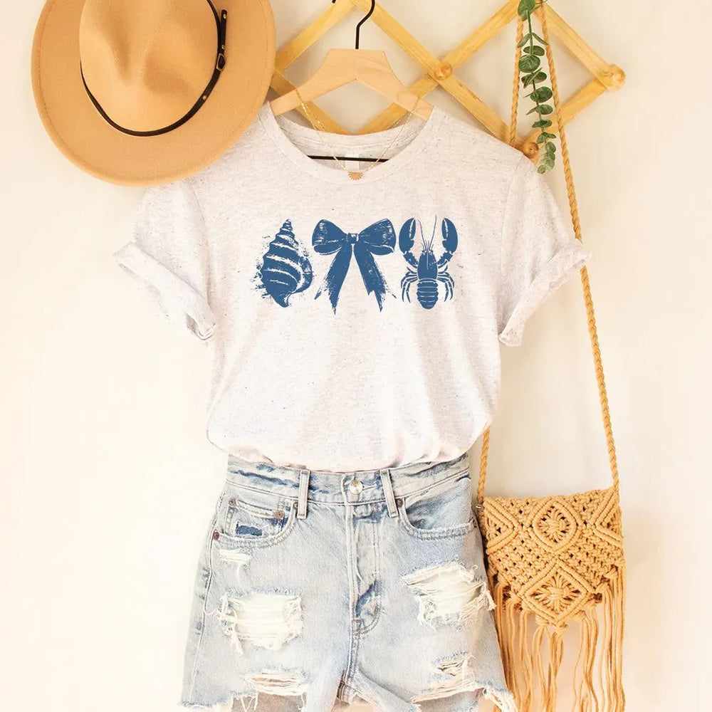 Rockledge Designs LLC Shirts & Tops Nautical Bow & Lobster Tee – Coastal Shell Graphic Shirt – Minimalist Beach T-Shirt - SE125 Nautical Bow & Lobster Tee – Coastal Shell Graphic Shirt – Minimalist Beach T-Shirt - SE125