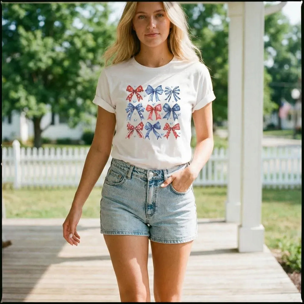 Rockledge Designs LLC Shirts & Tops Patriotic Bow Tee – Red, White & Blue Coquette Bows 4th of July T-Shirt - WE406 Patriotic Bow Tee – Red, White & Blue Coquette Bows 4th of July T-Shirt - WE406