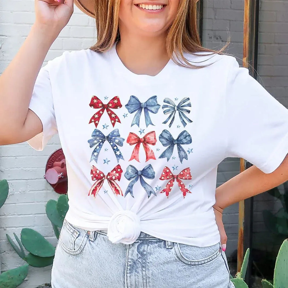 Rockledge Designs LLC Shirts & Tops Patriotic Bow Tee – Red, White & Blue Coquette Bows 4th of July T-Shirt - WE406 Patriotic Bow Tee – Red, White & Blue Coquette Bows 4th of July T-Shirt - WE406