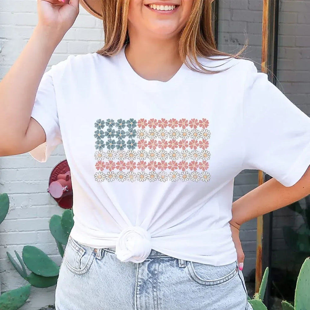 Rockledge Designs LLC Shirts & Tops Patriotic Daisy Flag Tee – Floral American Flag T-Shirt - WE303 Patriotic Daisy Flag Tee – Floral American Flag T-Shirt - WE303