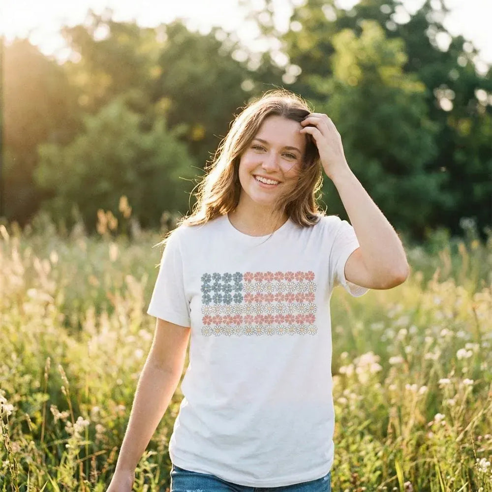 Rockledge Designs LLC Shirts & Tops Patriotic Daisy Flag Tee – Floral American Flag T-Shirt - WE303 Patriotic Daisy Flag Tee – Floral American Flag T-Shirt - WE303