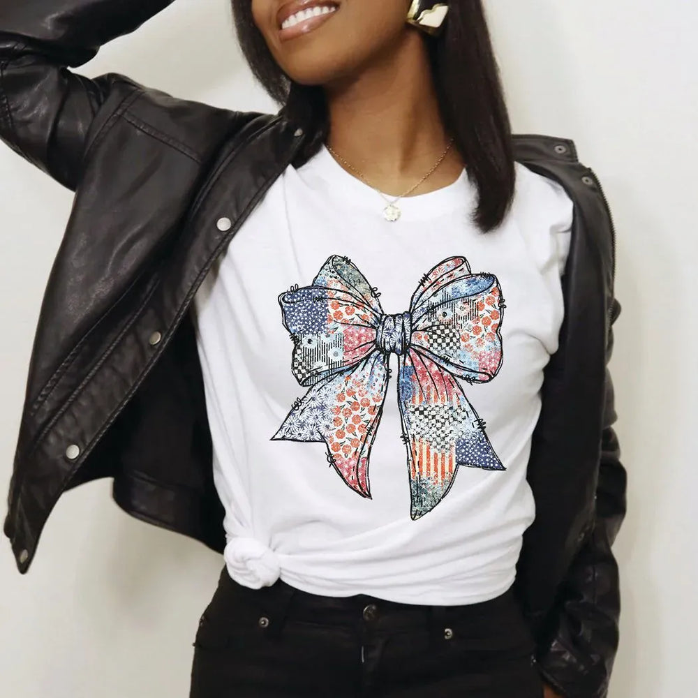 Rockledge Designs LLC Shirts & Tops Patriotic Patchwork Bow Tee – Vintage Americana Fourth of July Graphic T-Shirt - WE505 Patriotic Patchwork Bow Tee – Vintage Americana Fourth of July Graphic T-Shirt - WE505