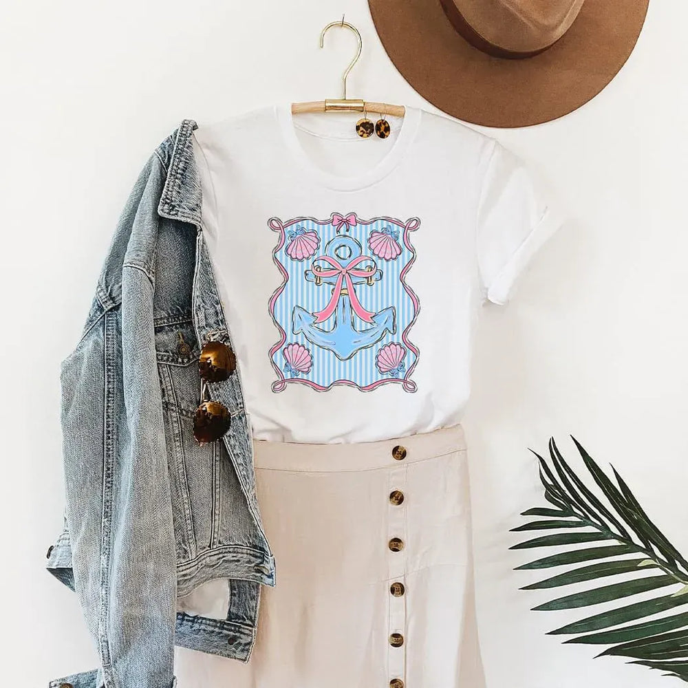 Rockledge Designs LLC Shirts & Tops Preppy Anchor Coastal Tee – Nautical Bow & Seashell Shirt – Girly Beach Graphic T-Shirt - SE120 Preppy Anchor Coastal Tee – Nautical Bow & Seashell Shirt – Girly Beach Graphic T-Shirt - SE120