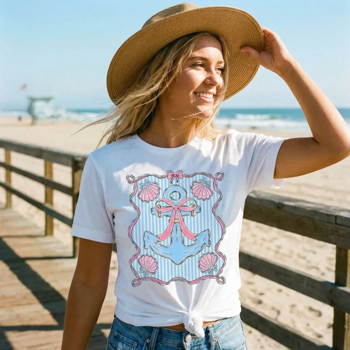 Rockledge Designs LLC Shirts & Tops Preppy Anchor Coastal Tee – Nautical Bow & Seashell Shirt – Girly Beach Graphic T-Shirt - SE120 Preppy Anchor Coastal Tee – Nautical Bow & Seashell Shirt – Girly Beach Graphic T-Shirt - SE120