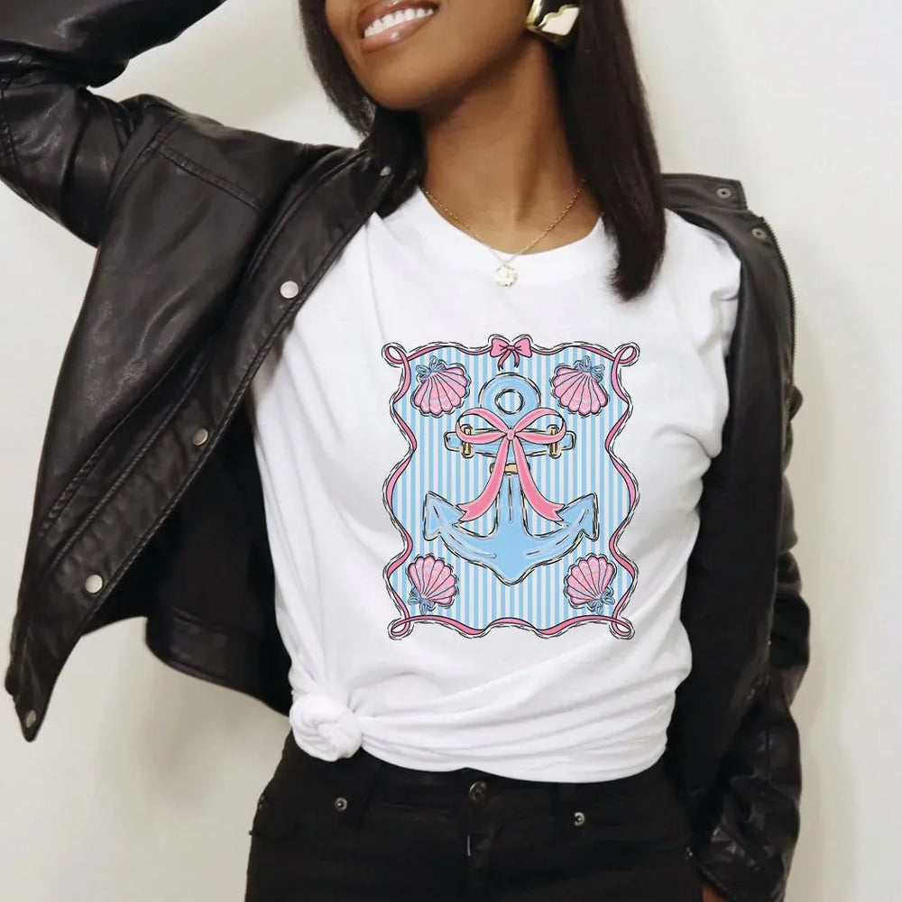 Rockledge Designs LLC Shirts & Tops Preppy Anchor Coastal Tee – Nautical Bow & Seashell Shirt – Girly Beach Graphic T-Shirt - SE120 Preppy Anchor Coastal Tee – Nautical Bow & Seashell Shirt – Girly Beach Graphic T-Shirt - SE120