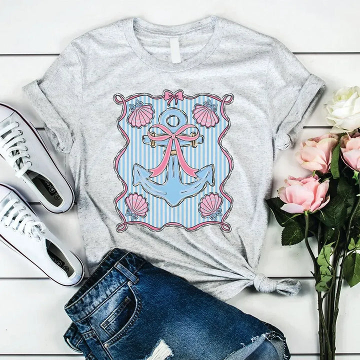 Rockledge Designs LLC Shirts & Tops Preppy Anchor Coastal Tee – Nautical Bow & Seashell Shirt – Girly Beach Graphic T-Shirt - SE120 Preppy Anchor Coastal Tee – Nautical Bow & Seashell Shirt – Girly Beach Graphic T-Shirt - SE120