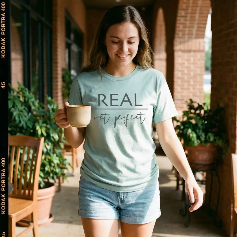 Rockledge Designs LLC Shirts & Tops Real Not Perfect Minimalist Inspirational Graphic T-Shirt - IN131 Real Not Perfect Minimalist Inspirational Graphic T-Shirt - IN131