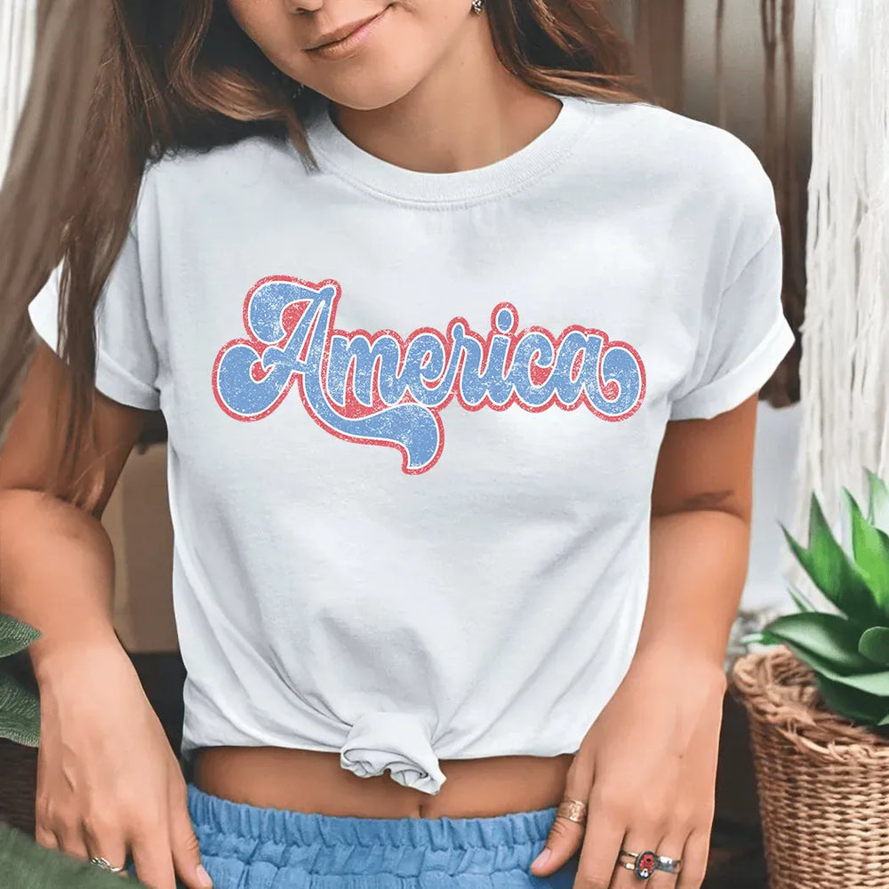 Rockledge Designs LLC Shirts & Tops Retro America Script Tee – Vintage Red, White & Blue Graphic T-Shirt - WE502 Retro America Script Tee – Vintage Red, White & Blue Graphic T-Shirt - WE502