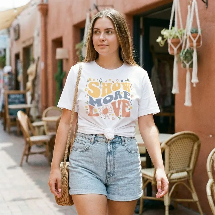 Rockledge Designs LLC Shirts & Tops Show More Love Retro Graphic Tee – Groovy Flower Power Positive Message Shirt - TY163 Show More Love Retro Graphic Tee – Groovy Flower Power Positive Message Shirt - TY163