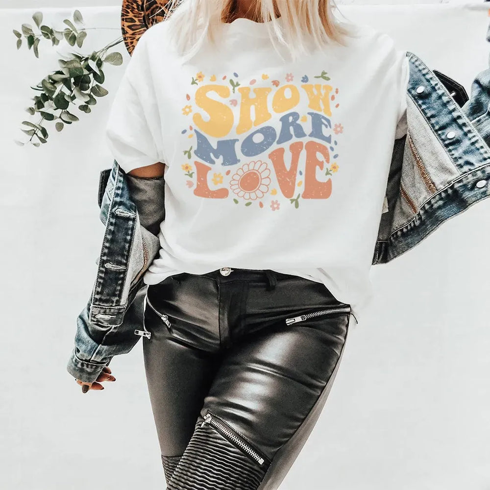 Rockledge Designs LLC Shirts & Tops Show More Love Retro Graphic Tee – Groovy Flower Power Positive Message Shirt - TY163 Show More Love Retro Graphic Tee – Groovy Flower Power Positive Message Shirt - TY163