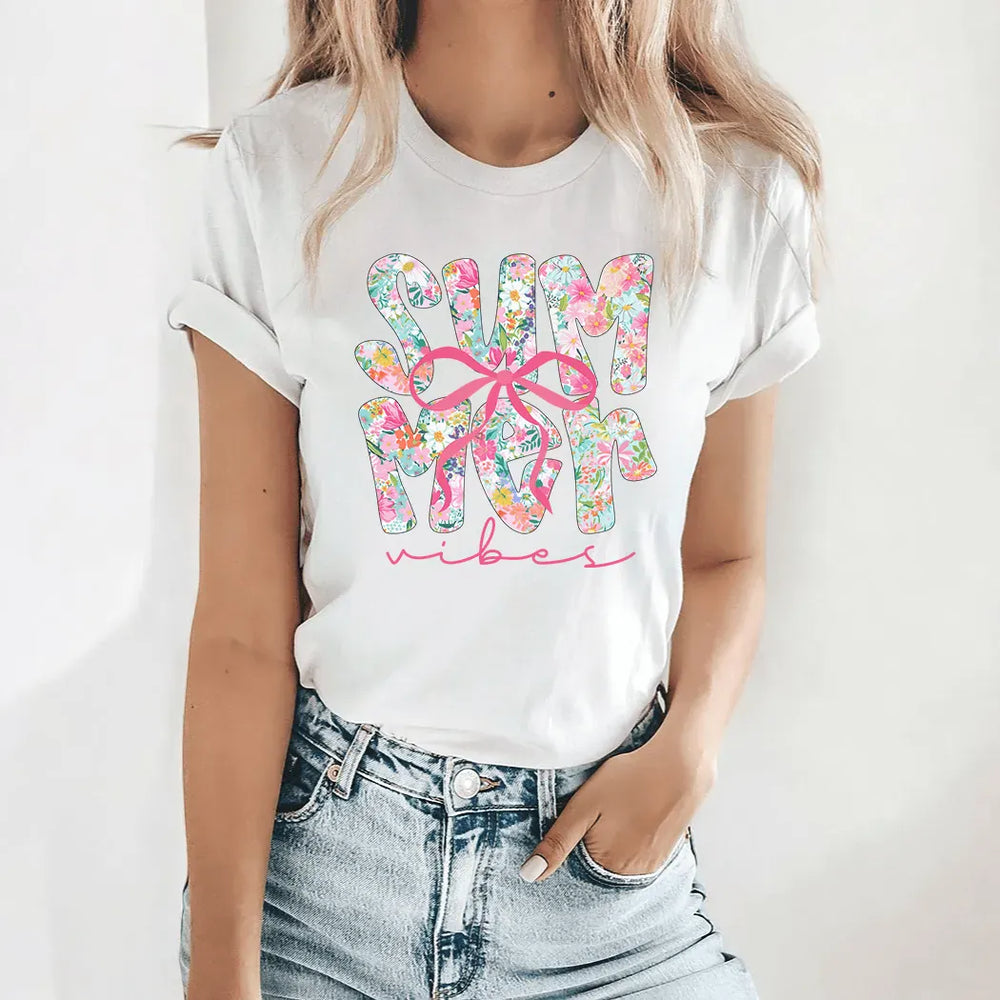 Rockledge Designs LLC Shirts & Tops Summer Vibes Floral Bow Tee – Coquette Style Graphic Shirt – Cute Preppy Summer T-Shirt - SE127 Summer Vibes Floral Bow Tee – Coquette Style Graphic Shirt – Cute Preppy Summer T-Shirt - SE127