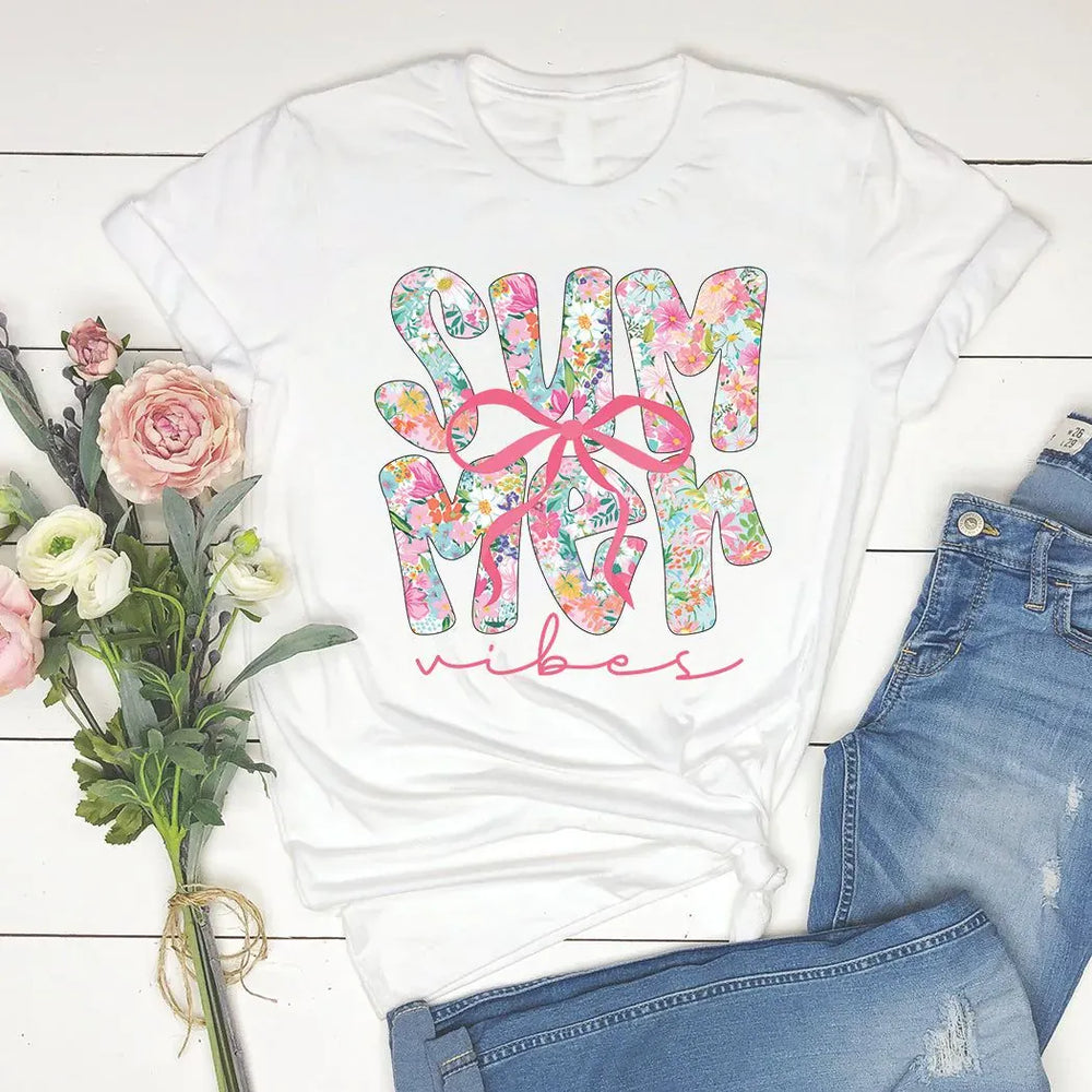 Rockledge Designs LLC Shirts & Tops Summer Vibes Floral Bow Tee – Coquette Style Graphic Shirt – Cute Preppy Summer T-Shirt - SE127 Summer Vibes Floral Bow Tee – Coquette Style Graphic Shirt – Cute Preppy Summer T-Shirt - SE127