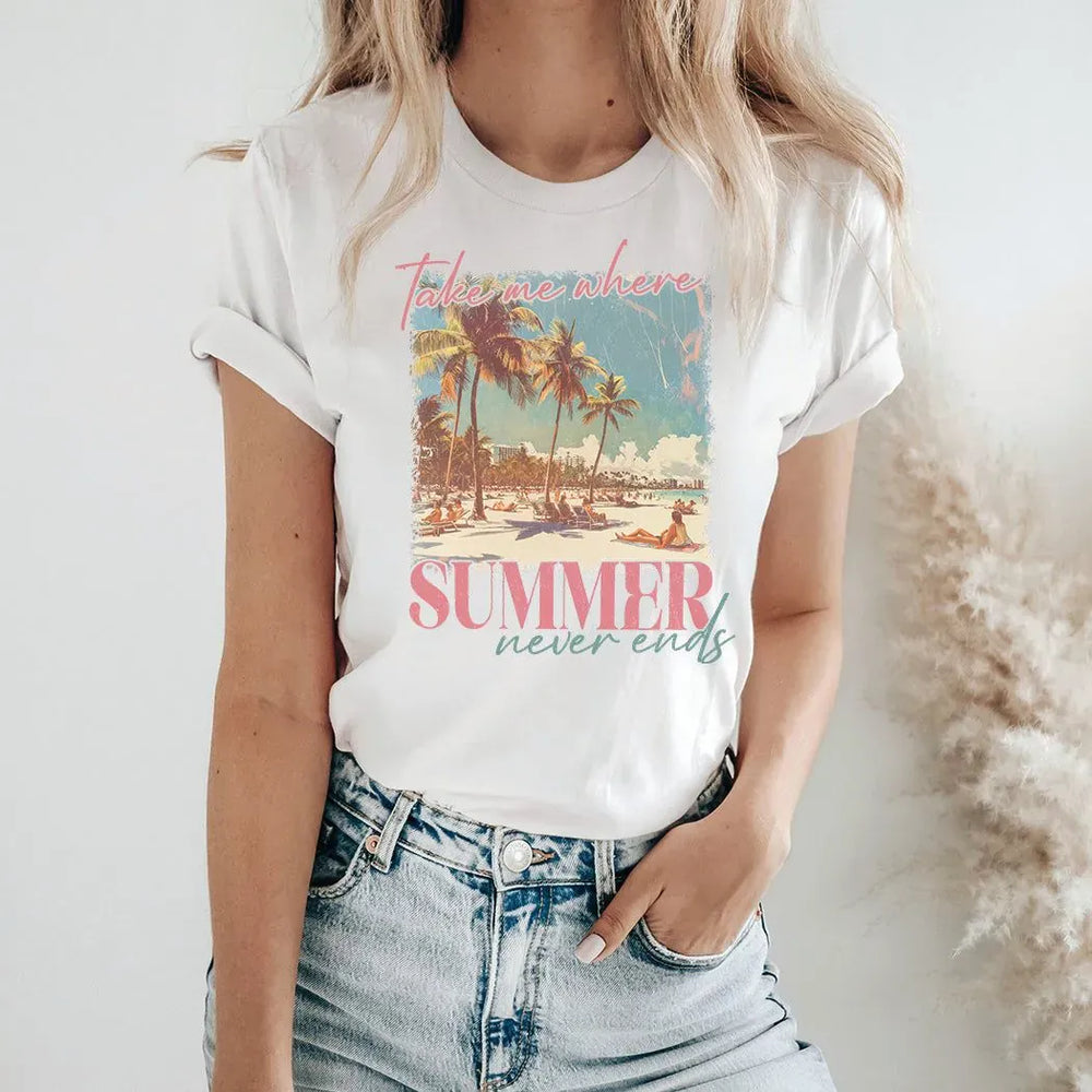 Rockledge Designs LLC Shirts & Tops Take Me Where Summer Never Ends Tee – Tropical Beach Graphic Shirt – Vintage Summer T-Shirt - SE126 Take Me Where Summer Never Ends Tee – Tropical Beach Graphic Shirt – Vintage Summer T-Shirt - SE126