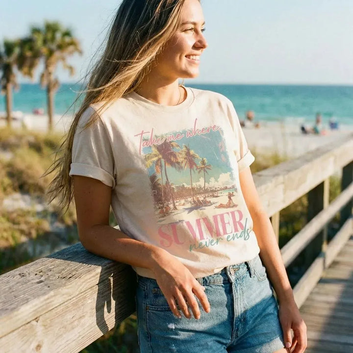 Rockledge Designs LLC Shirts & Tops Take Me Where Summer Never Ends Tee – Tropical Beach Graphic Shirt – Vintage Summer T-Shirt - SE126 Take Me Where Summer Never Ends Tee – Tropical Beach Graphic Shirt – Vintage Summer T-Shirt - SE126
