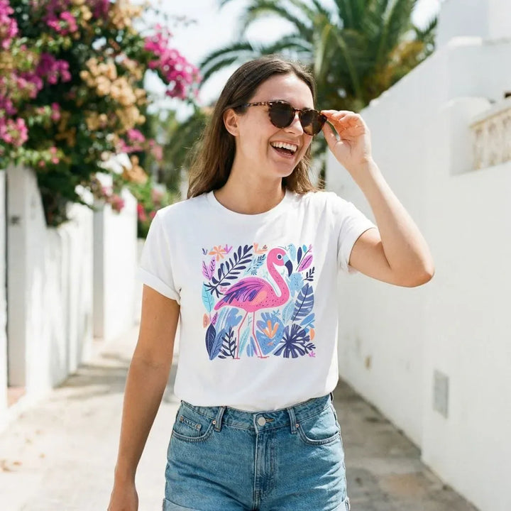 Rockledge Designs LLC Shirts & Tops Tropical Flamingo Graphic Tee – Colorful Summer Bird Shirt – Beach Vacation T-Shirt - SE112 Tropical Flamingo Graphic Tee – Colorful Summer Bird Shirt – Beach Vacation T-Shirt - SE112