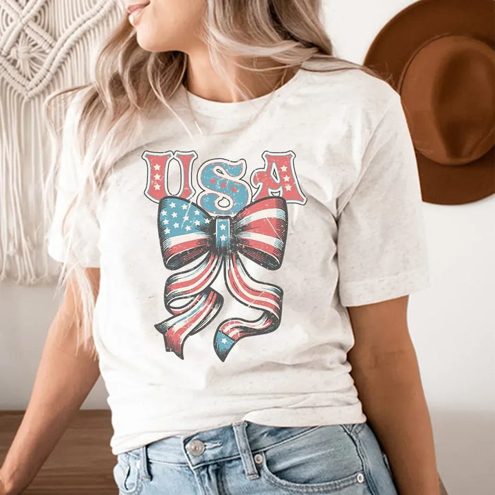 Rockledge Designs LLC Shirts & Tops USA Vintage Bow Tee – Patriotic Retro American Flag Bow T-Shirt - WE404 USA Vintage Bow Tee – Patriotic Retro American Flag Bow T-Shirt - WE404