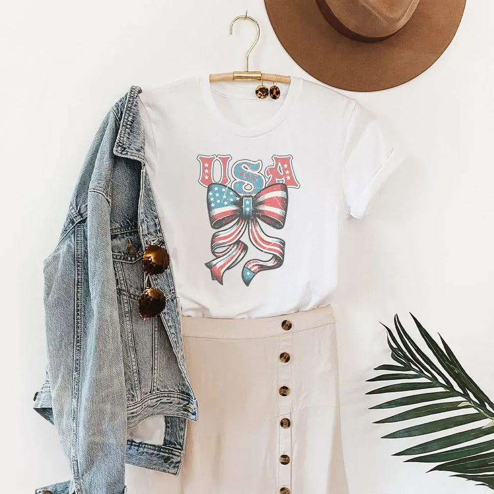 Rockledge Designs LLC Shirts & Tops USA Vintage Bow Tee – Patriotic Retro American Flag Bow T-Shirt - WE404 USA Vintage Bow Tee – Patriotic Retro American Flag Bow T-Shirt - WE404