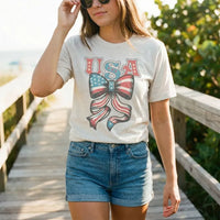 Rockledge Designs LLC Shirts & Tops USA Vintage Bow Tee – Patriotic Retro American Flag Bow T-Shirt - WE404 USA Vintage Bow Tee – Patriotic Retro American Flag Bow T-Shirt - WE404