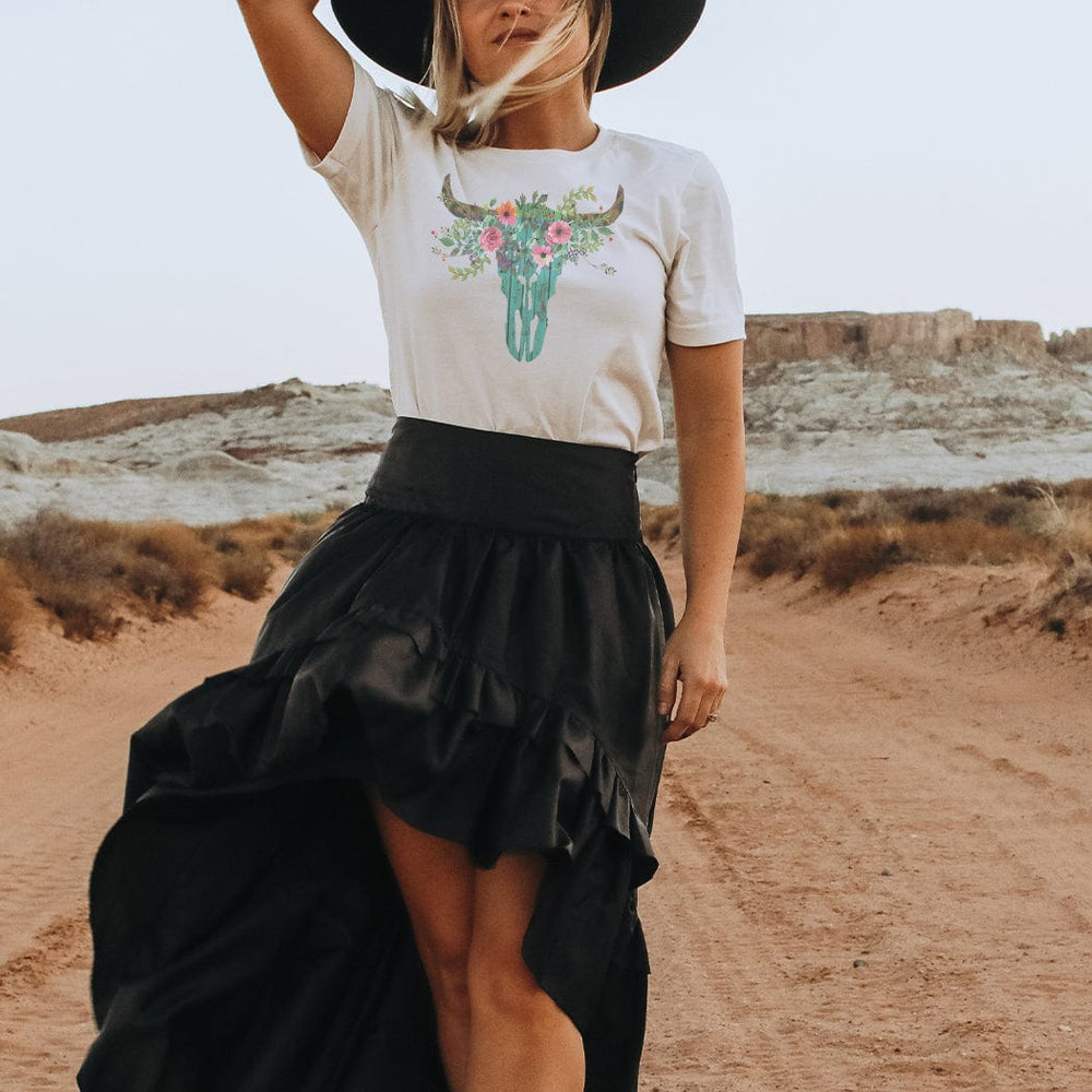 Floral Cow Skull Graphic Tee – Western Boho Vintage Style T-Shirt - WE125