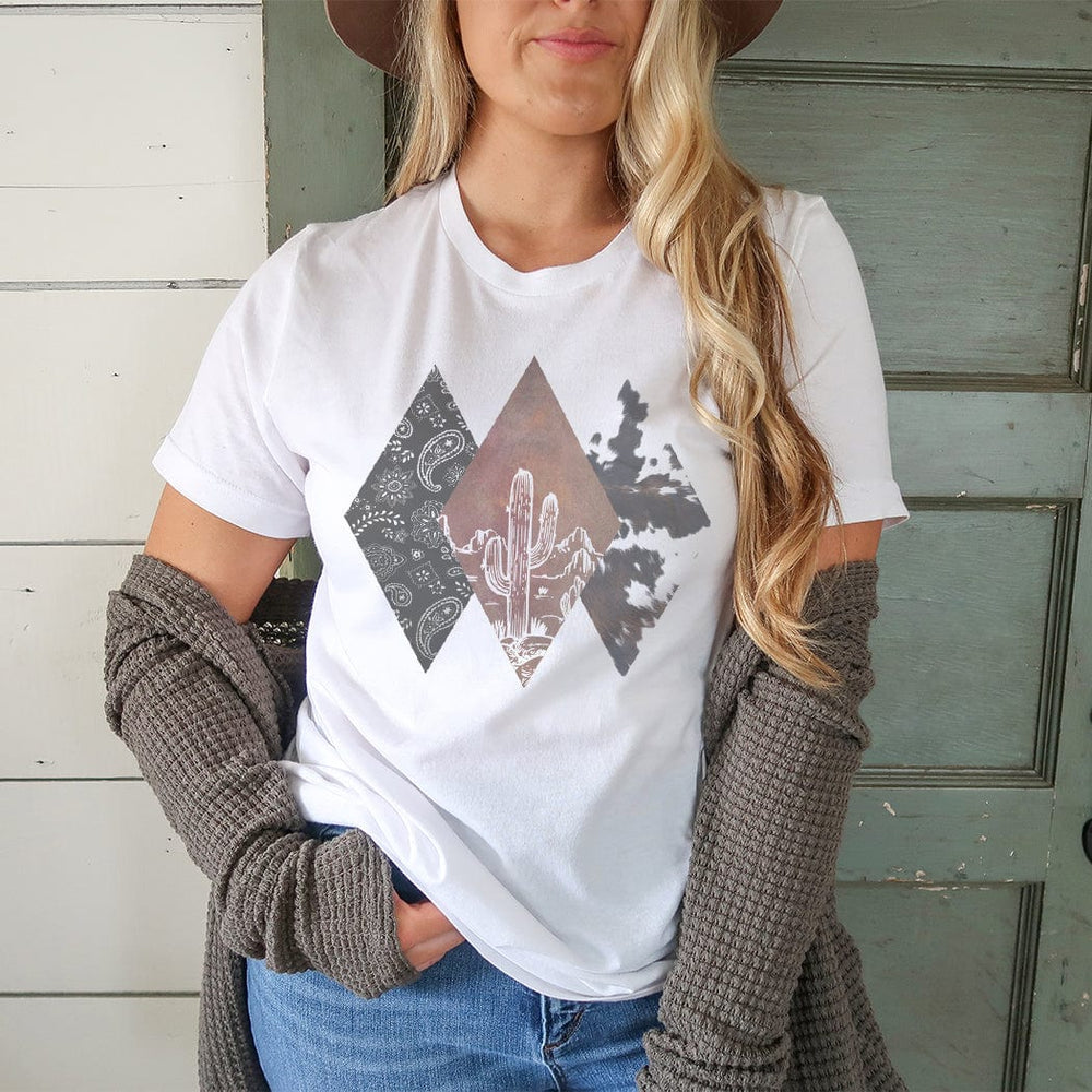Western Cowhide Diamond Desert Tee – Boho Cactus Graphic T-Shirt - WE169
