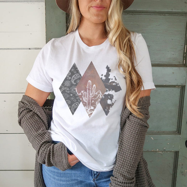 Western Cowhide Diamond Desert Tee – Boho Cactus Graphic T-Shirt - WE169
