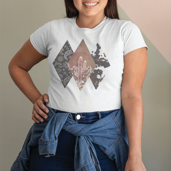 Western Cowhide Diamond Desert Tee – Boho Cactus Graphic T-Shirt - WE169