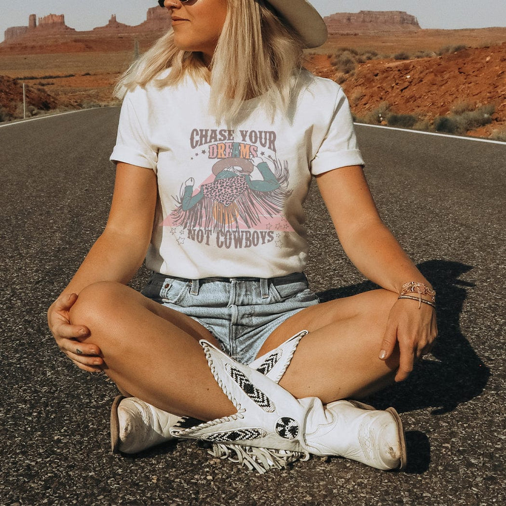 Chase Your Dreams Not Cowboys Graphic Tee – Retro Western Cowgirl Shirt - WE191